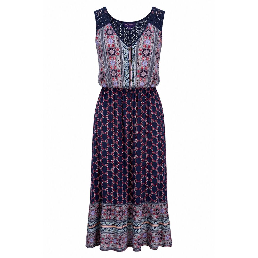 Artesia Boho Sleeveless Maxi Dress Lace Trim Printed Women's Large